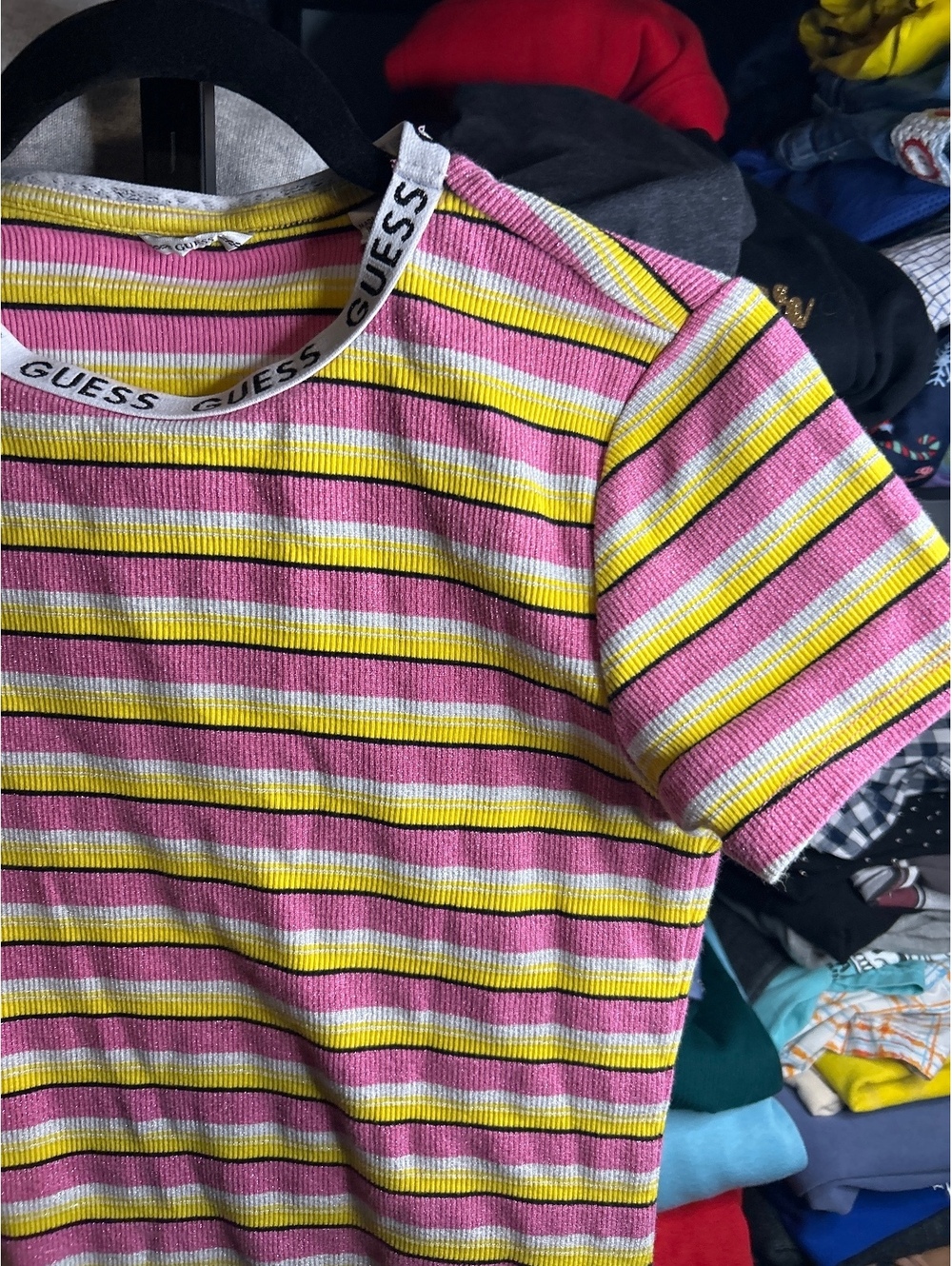 Guess Striped Ribbed Knit Dress with Logo Neck Tape